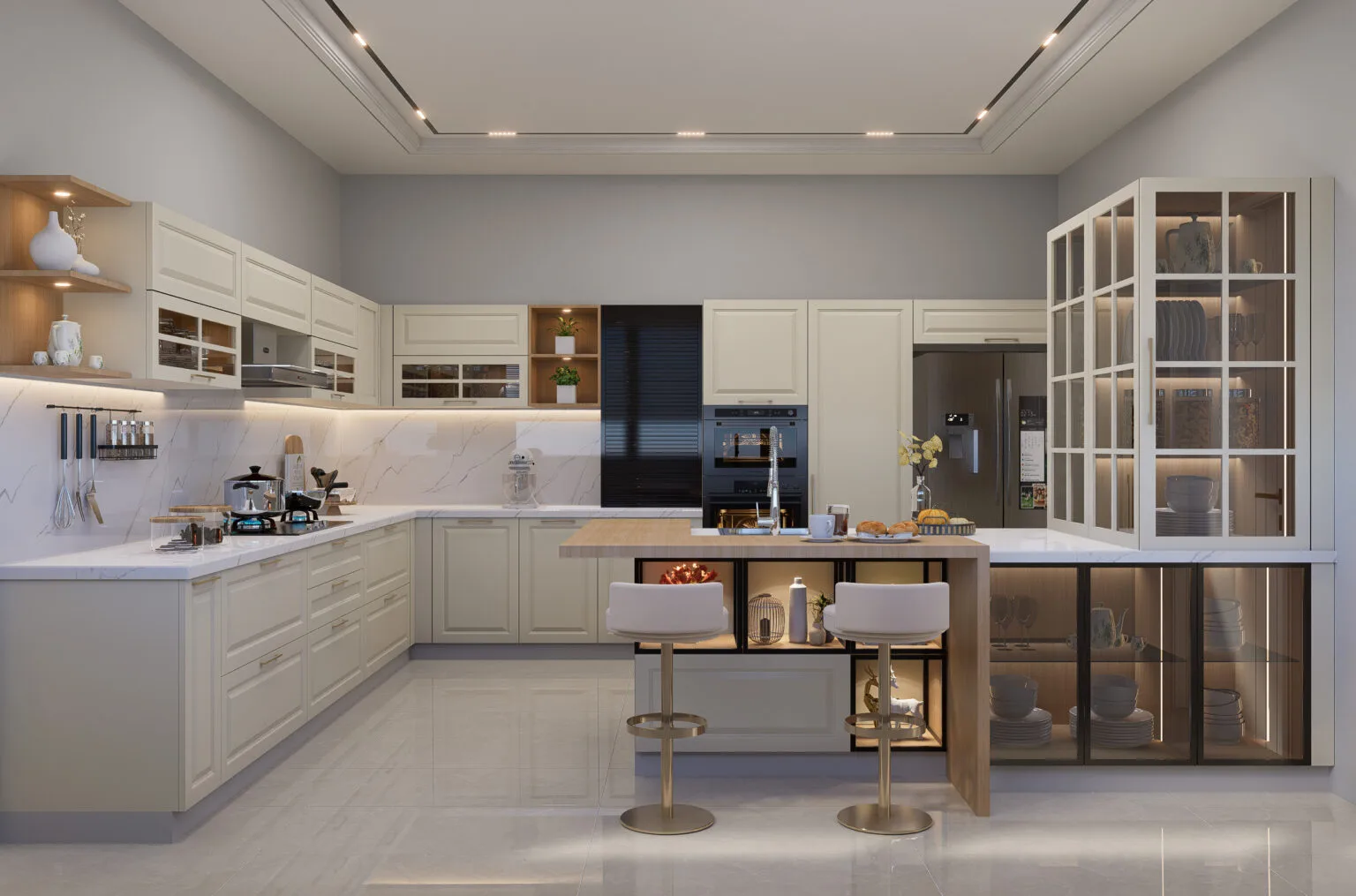 Premium U-shaped modular kitchen with island by Carol InDecor, Sonipat