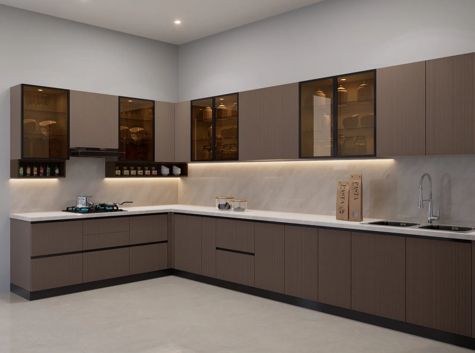 Marble finish modular kitchen design render