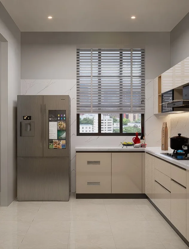 Compact grey modular kitchen design render